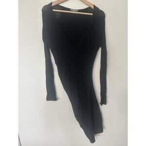 James Perse Black Midi Dress Size 3 V-Neck Ruched Asymmetric Stretch Long Sleeve